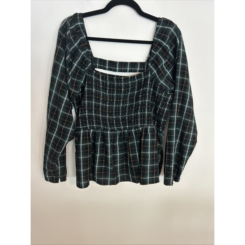 Old Navy M Smocked Square/Neck Long Sleeve Green‎ White Checkered Elastic Front